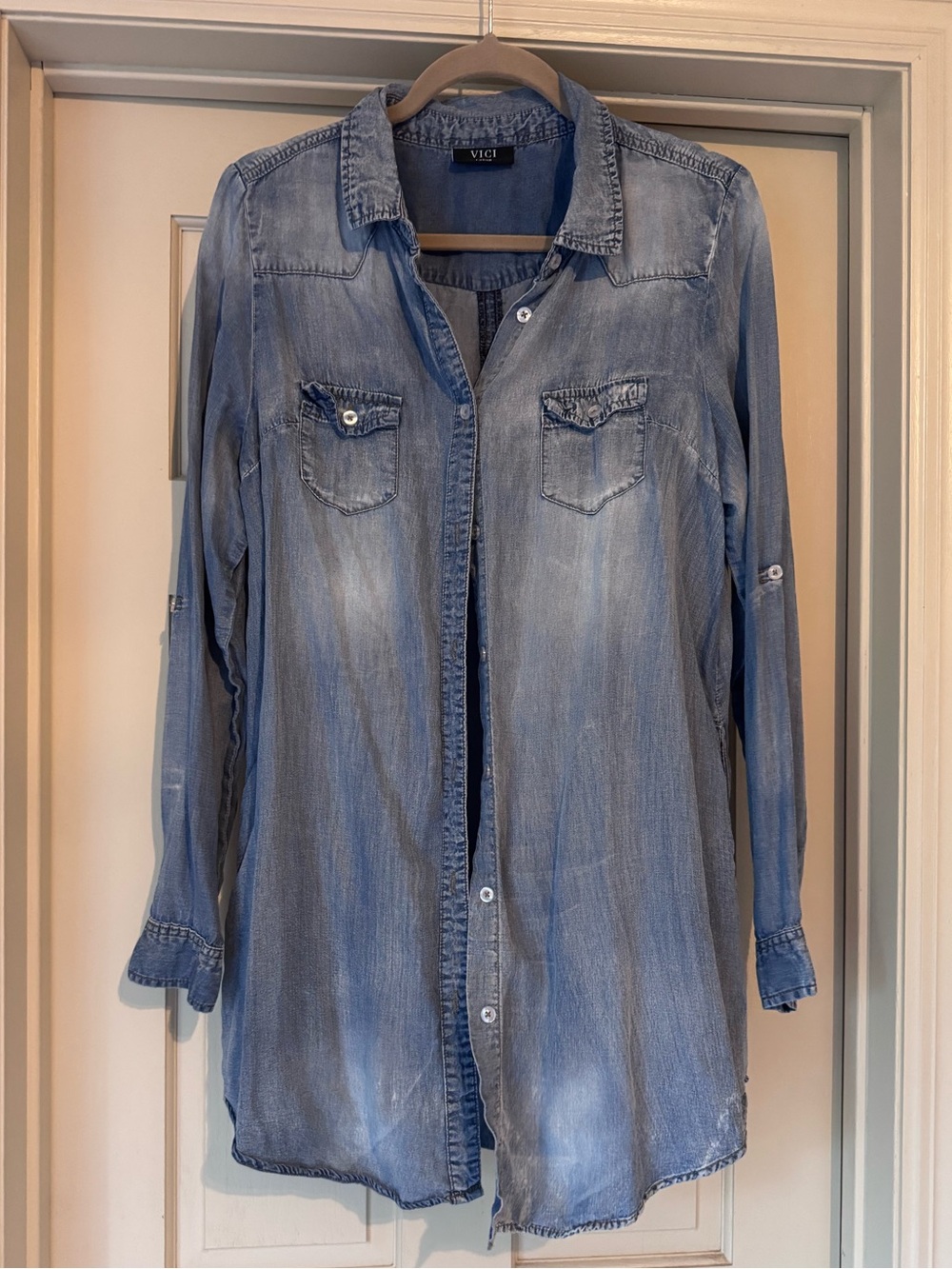 VICI Washed Denim Button-Down Tunic in Light Blue